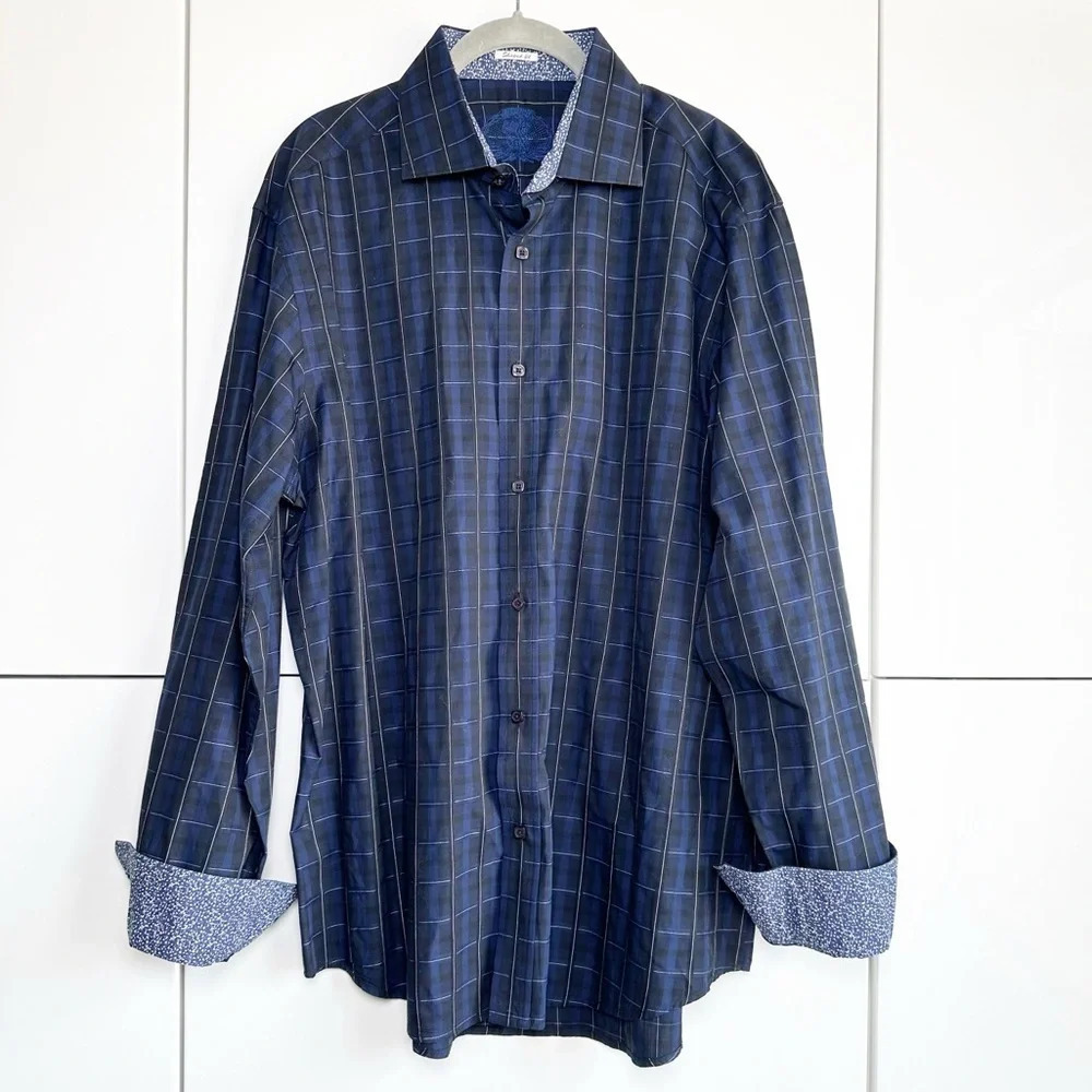 Bugatchi Mens Dress Shirts Black and Blue Plaid Contrast Cuff Print Size XL